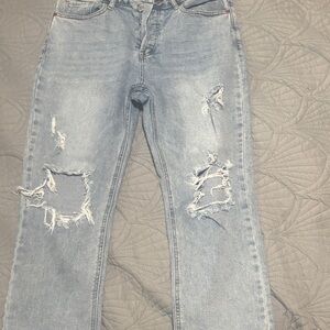 Light Blue Distressed Straight-Leg Jeans for Women